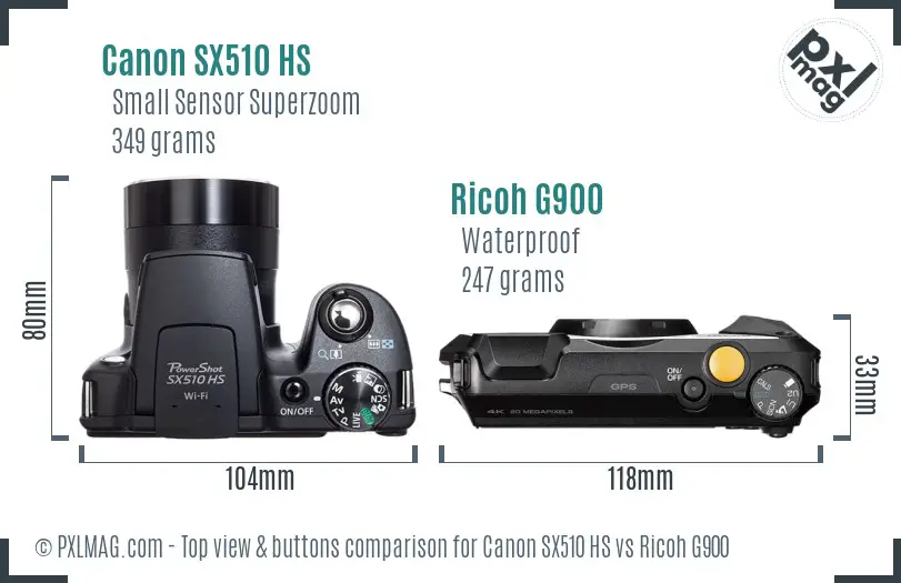 Canon SX510 HS vs Ricoh G900 top view buttons comparison