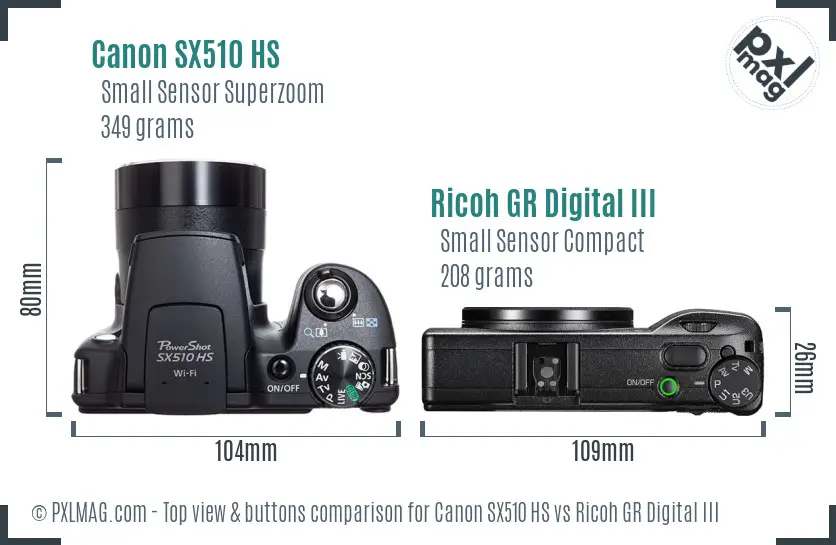 Canon SX510 HS vs Ricoh GR Digital III top view buttons comparison