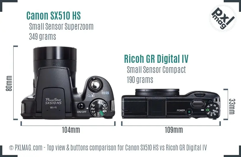 Canon SX510 HS vs Ricoh GR Digital IV top view buttons comparison Canon SX510 HS vs Ricoh GR Digital IV top view buttons comparison