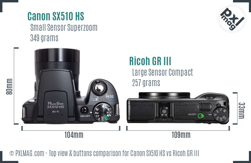 Canon SX510 HS vs Ricoh GR III top view buttons comparison