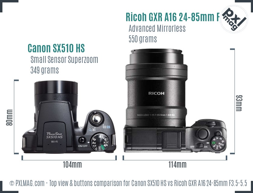 Canon SX510 HS vs Ricoh GXR A16 24-85mm F3.5-5.5 top view buttons comparison