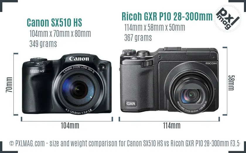 Canon SX510 HS vs Ricoh GXR P10 28-300mm F3.5-5.6 VC size comparison Canon SX510 HS vs Ricoh GXR P10 28-300mm F3.5-5.6 VC size comparison