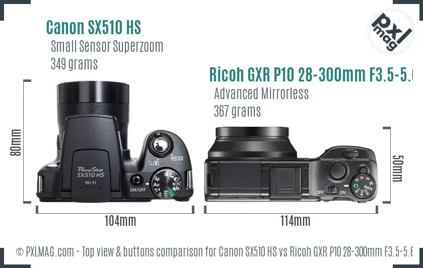 Canon SX510 HS vs Ricoh GXR P10 28-300mm F3.5-5.6 VC top view buttons comparison Canon SX510 HS vs Ricoh GXR P10 28-300mm F3.5-5.6 VC top view buttons comparison