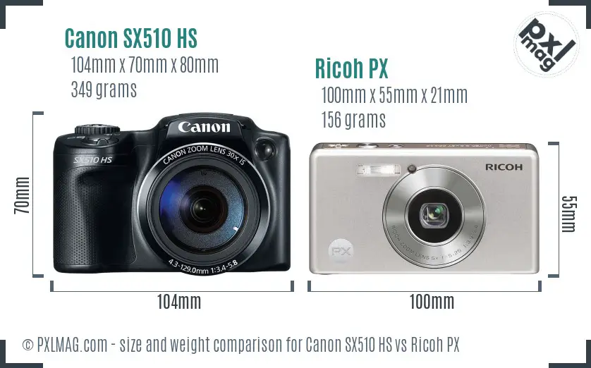 Canon SX510 HS vs Ricoh PX size comparison