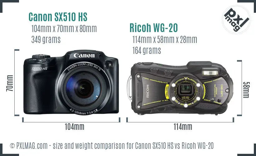 Canon SX510 HS vs Ricoh WG-20 size comparison