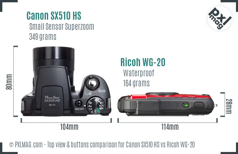 Canon SX510 HS vs Ricoh WG-20 top view buttons comparison Canon SX510 HS vs Ricoh WG-20 top view buttons comparison