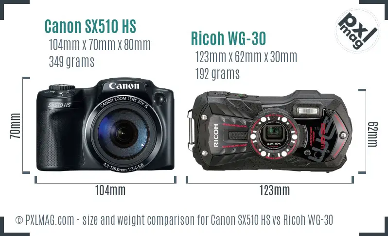Canon SX510 HS vs Ricoh WG-30 size comparison