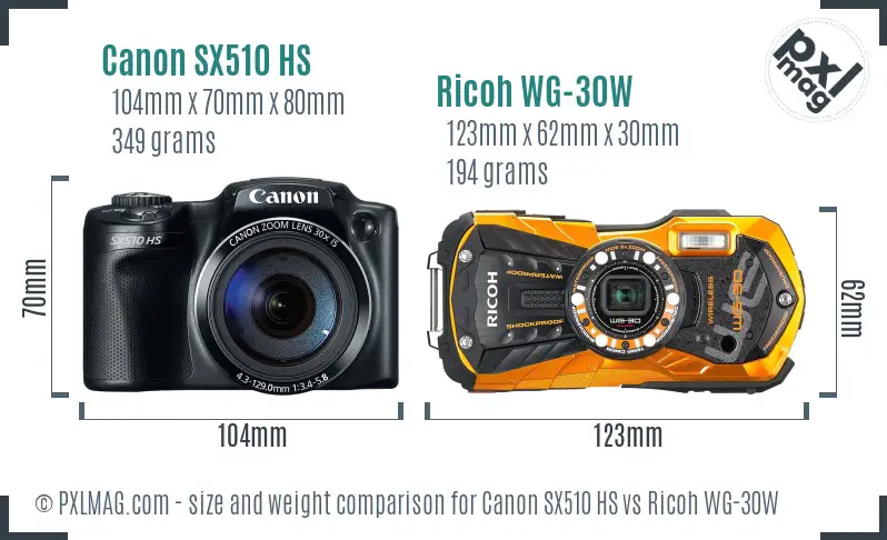 Canon SX510 HS vs Ricoh WG-30W size comparison