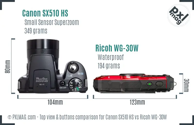 Canon SX510 HS vs Ricoh WG-30W top view buttons comparison