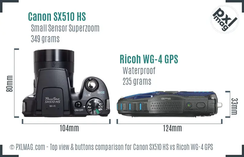 Canon SX510 HS vs Ricoh WG-4 GPS top view buttons comparison