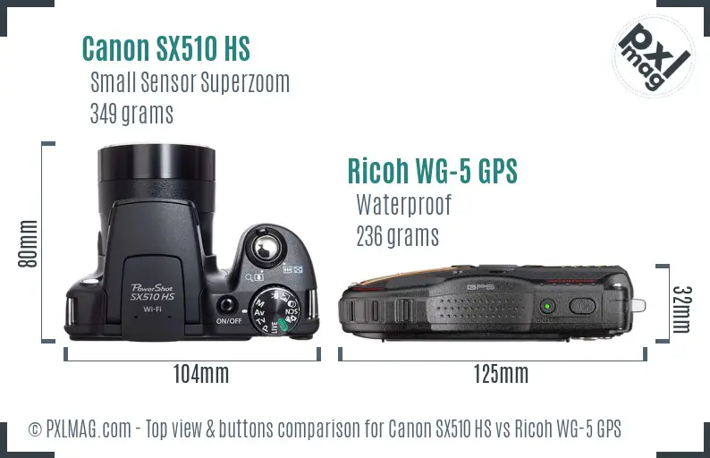 Canon SX510 HS vs Ricoh WG-5 GPS top view buttons comparison