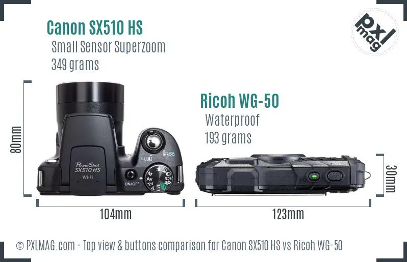 Canon SX510 HS vs Ricoh WG-50 top view buttons comparison