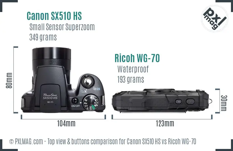 Canon SX510 HS vs Ricoh WG-70 top view buttons comparison Canon SX510 HS vs Ricoh WG-70 top view buttons comparison