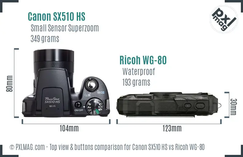 Canon SX510 HS vs Ricoh WG-80 top view buttons comparison Canon SX510 HS vs Ricoh WG-80 top view buttons comparison