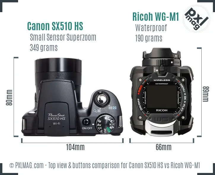 Canon SX510 HS vs Ricoh WG-M1 top view buttons comparison