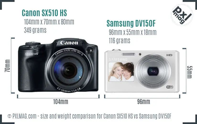 Canon SX510 HS vs Samsung DV150F size comparison