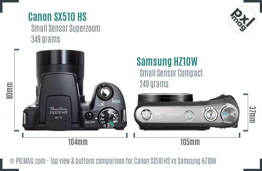 Canon SX510 HS vs Samsung HZ10W top view buttons comparison Canon SX510 HS vs Samsung HZ10W top view buttons comparison