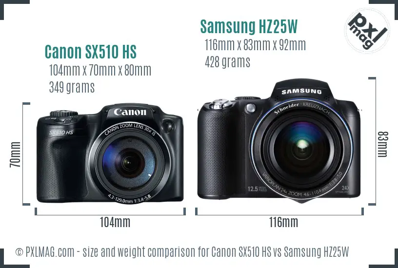 Canon SX510 HS vs Samsung HZ25W size comparison