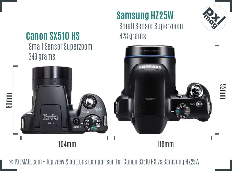 Canon SX510 HS vs Samsung HZ25W top view buttons comparison