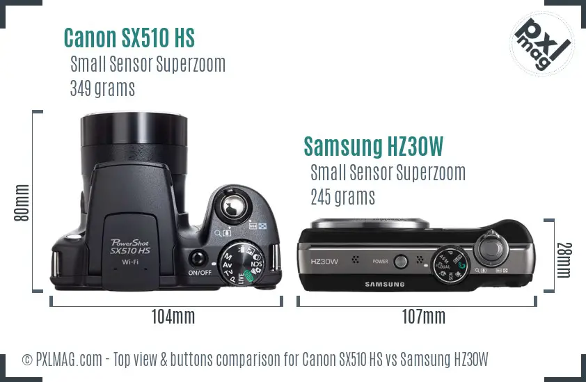 Canon SX510 HS vs Samsung HZ30W top view buttons comparison