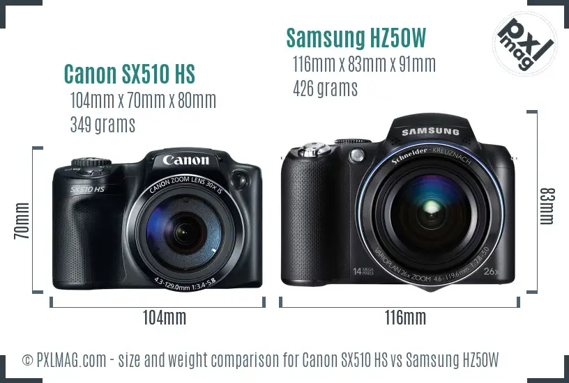 Canon SX510 HS vs Samsung HZ50W size comparison