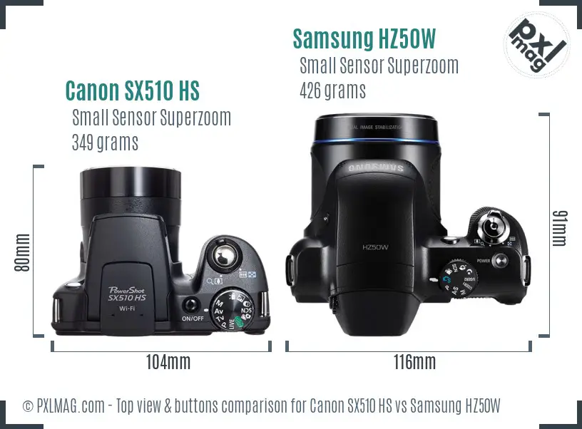 Canon SX510 HS vs Samsung HZ50W top view buttons comparison