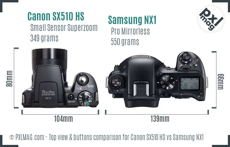 Canon SX510 HS vs Samsung NX1 top view buttons comparison Canon SX510 HS vs Samsung NX1 top view buttons comparison