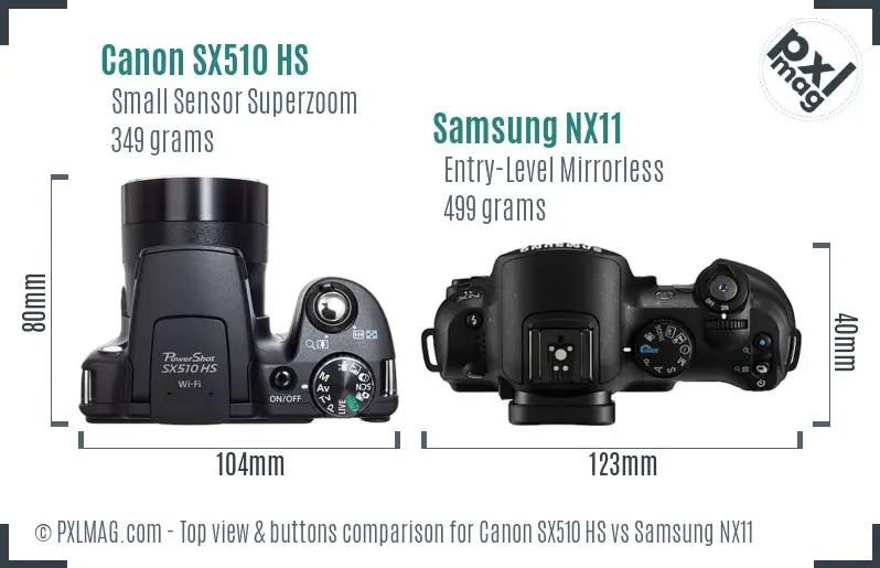 Canon SX510 HS vs Samsung NX11 top view buttons comparison Canon SX510 HS vs Samsung NX11 top view buttons comparison