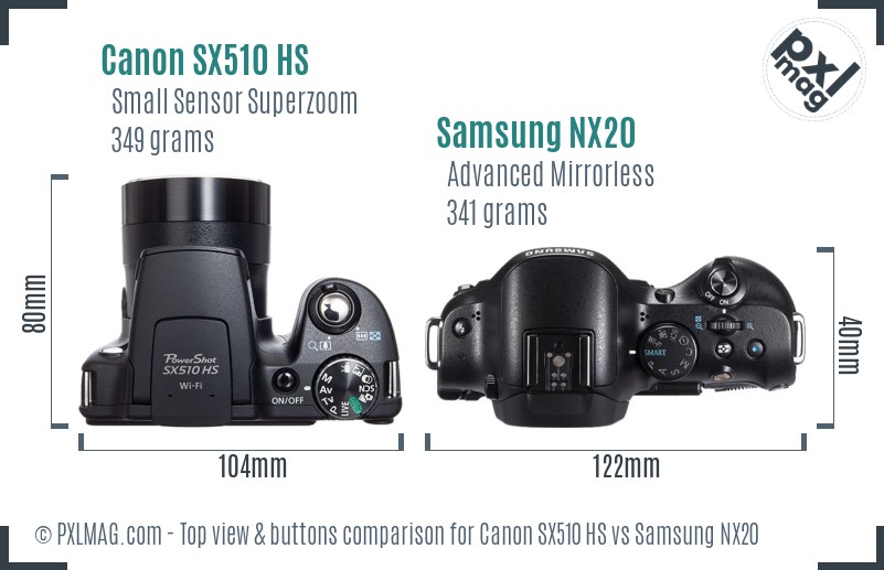 Canon SX510 HS vs Samsung NX20 top view buttons comparison
