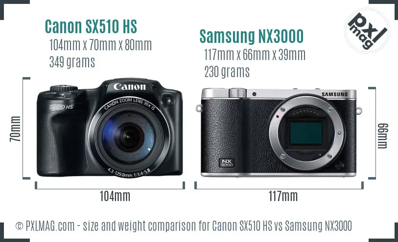Canon SX510 HS vs Samsung NX3000 size comparison