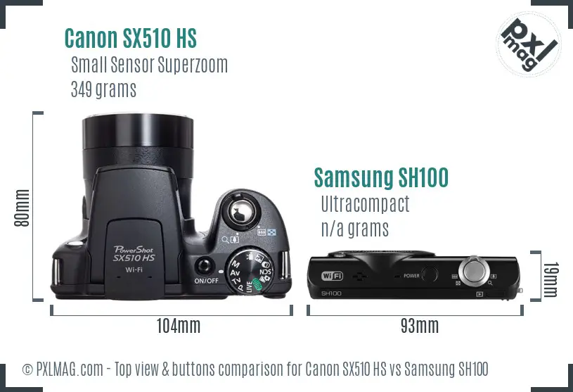 Canon SX510 HS vs Samsung SH100 top view buttons comparison Canon SX510 HS vs Samsung SH100 top view buttons comparison