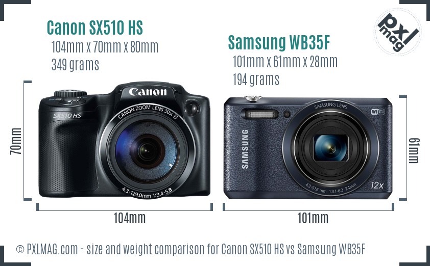 Canon SX510 HS vs Samsung WB35F size comparison