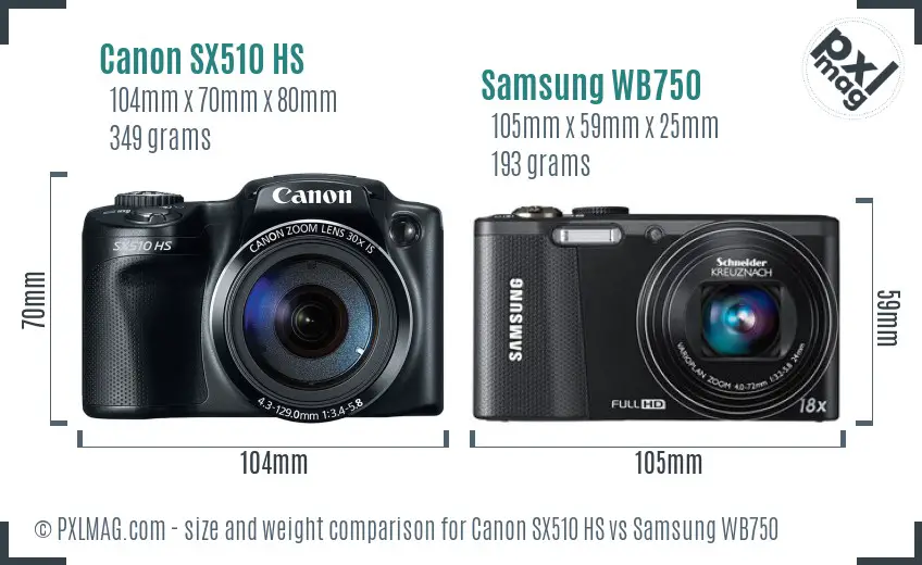 Canon SX510 HS vs Samsung WB750 size comparison