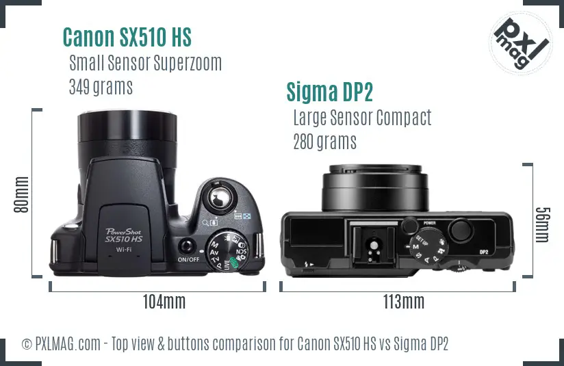 Canon SX510 HS vs Sigma DP2 top view buttons comparison Canon SX510 HS vs Sigma DP2 top view buttons comparison