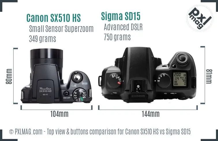 Canon SX510 HS vs Sigma SD15 top view buttons comparison