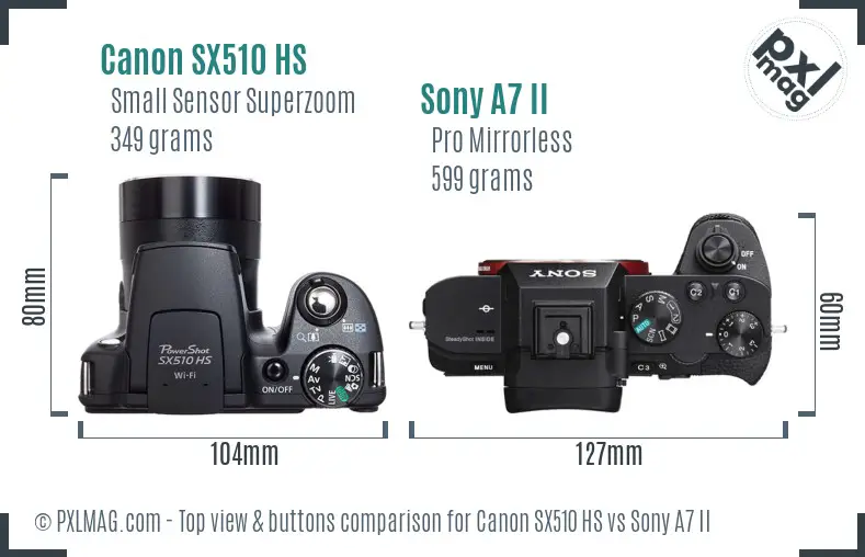 Canon SX510 HS vs Sony A7 II top view buttons comparison