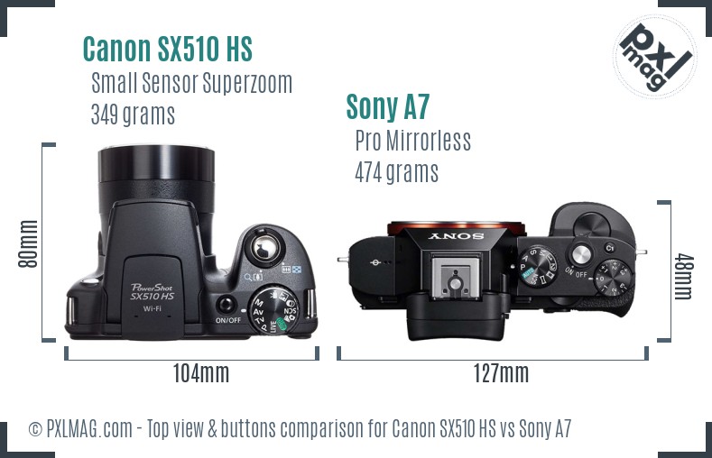 Canon SX510 HS vs Sony A7 top view buttons comparison