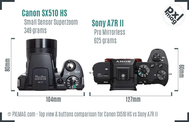 Canon SX510 HS vs Sony A7R II top view buttons comparison