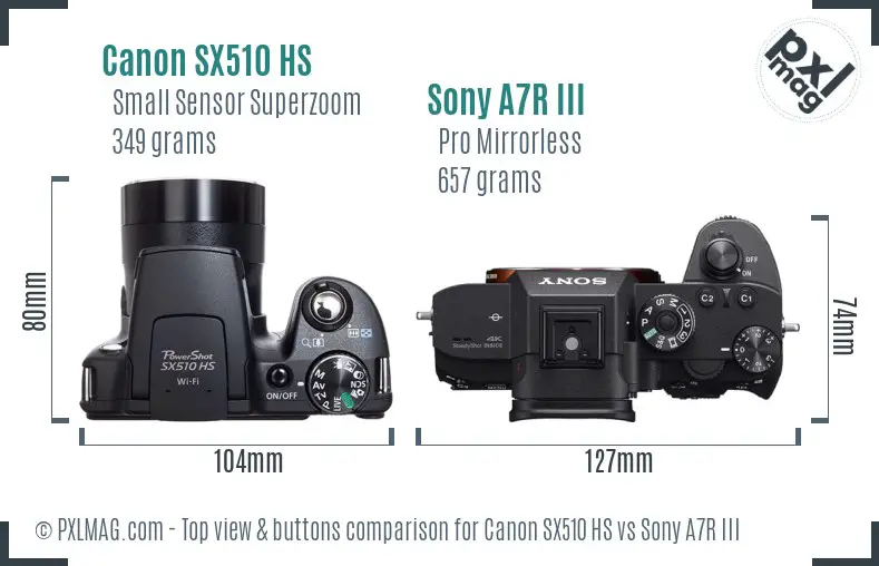 Canon SX510 HS vs Sony A7R III top view buttons comparison