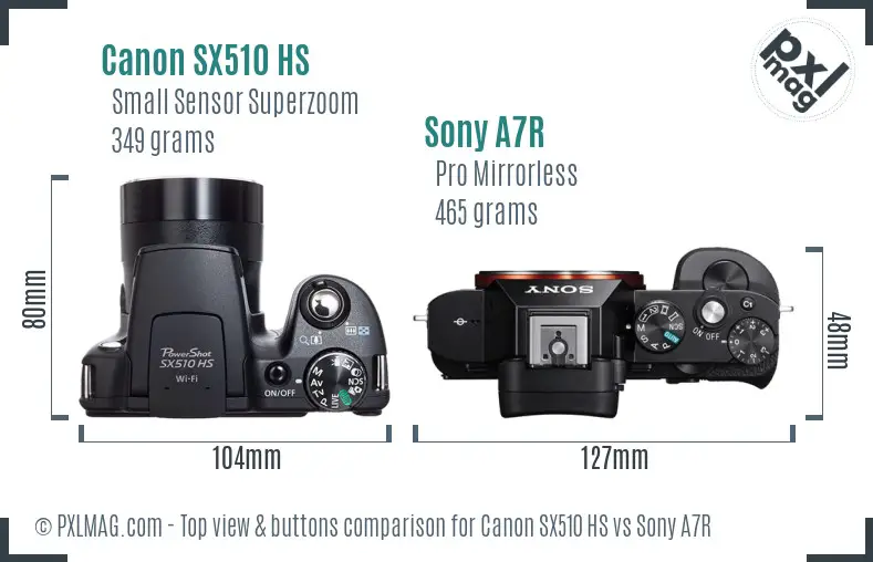 Canon SX510 HS vs Sony A7R top view buttons comparison Canon SX510 HS vs Sony A7R top view buttons comparison