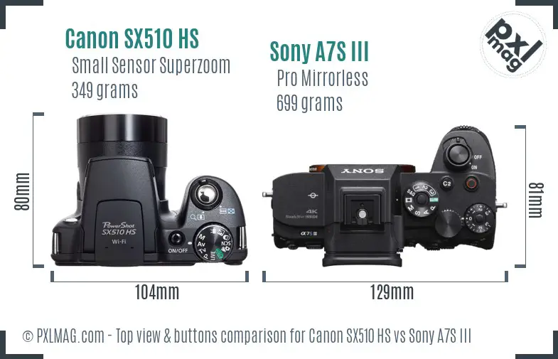 Canon SX510 HS vs Sony A7S III top view buttons comparison