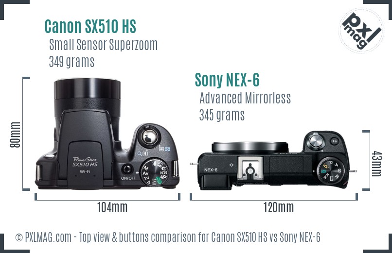 Canon SX510 HS vs Sony NEX-6 top view buttons comparison