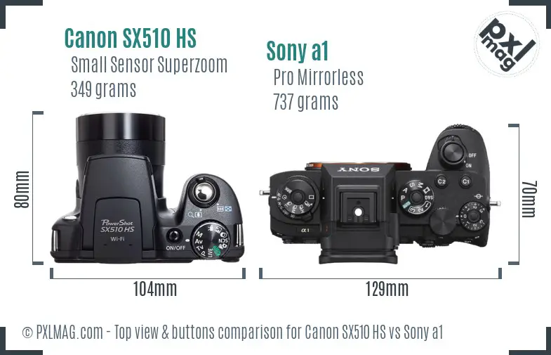 Canon SX510 HS vs Sony a1 top view buttons comparison Canon SX510 HS vs Sony a1 top view buttons comparison