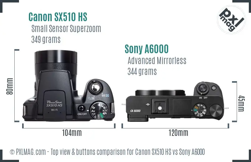 Canon SX510 HS vs Sony A6000 top view buttons comparison