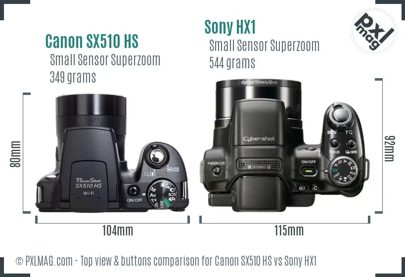 Canon SX510 HS vs Sony HX1 top view buttons comparison