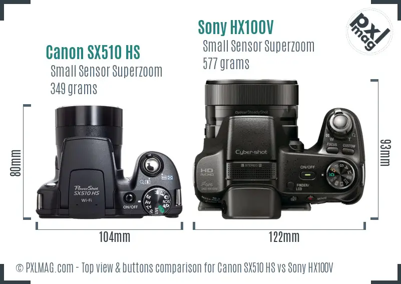 Canon SX510 HS vs Sony HX100V top view buttons comparison