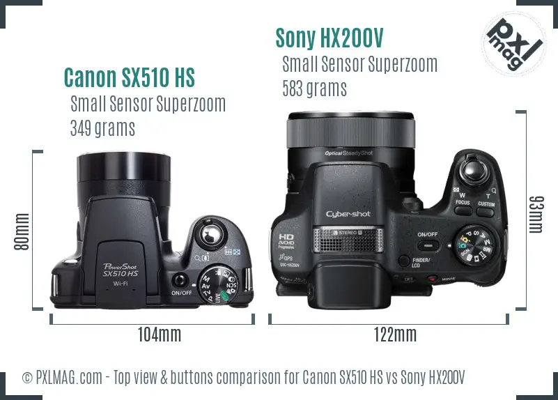Canon SX510 HS vs Sony HX200V top view buttons comparison