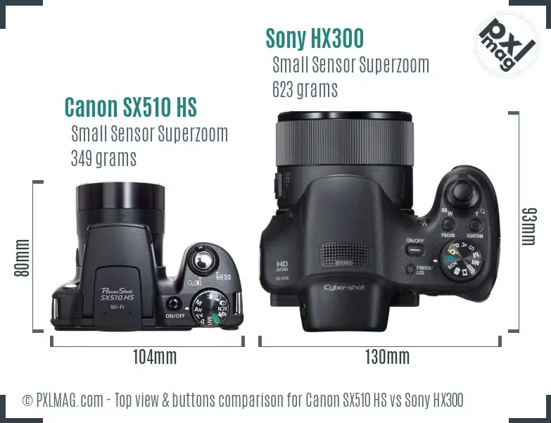 Canon SX510 HS vs Sony HX300 top view buttons comparison
