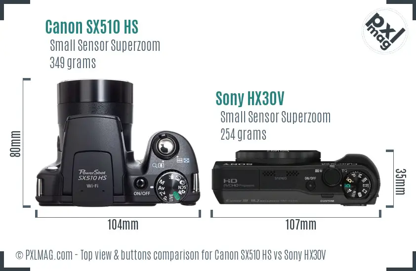 Canon SX510 HS vs Sony HX30V top view buttons comparison Canon SX510 HS vs Sony HX30V top view buttons comparison