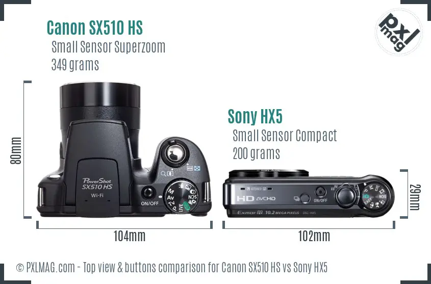 Canon SX510 HS vs Sony HX5 top view buttons comparison